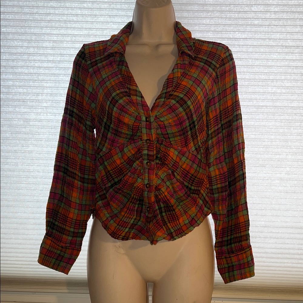 Anthropologie Pilcro runched plaid V neck button front top XXS/P